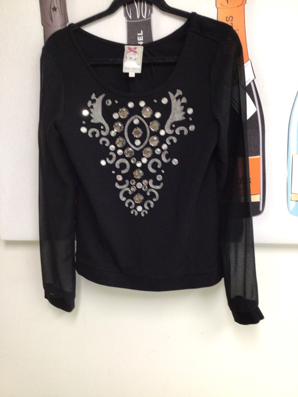 Yoana Baraschi Black Mesh-Sleeve Top with Silver Embellishment
